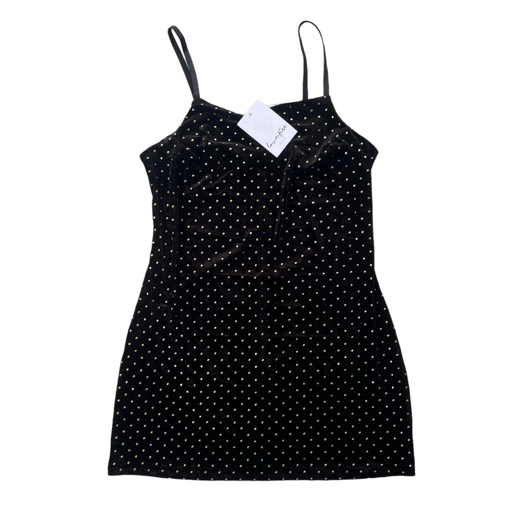 Love, Fire Women’s Large Black Velvet Gold Dot Studs Spaghetti Straps Mini Dress